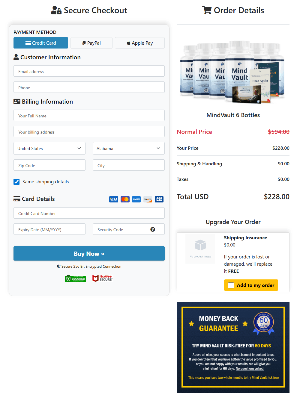 Mind Vault Checkout page